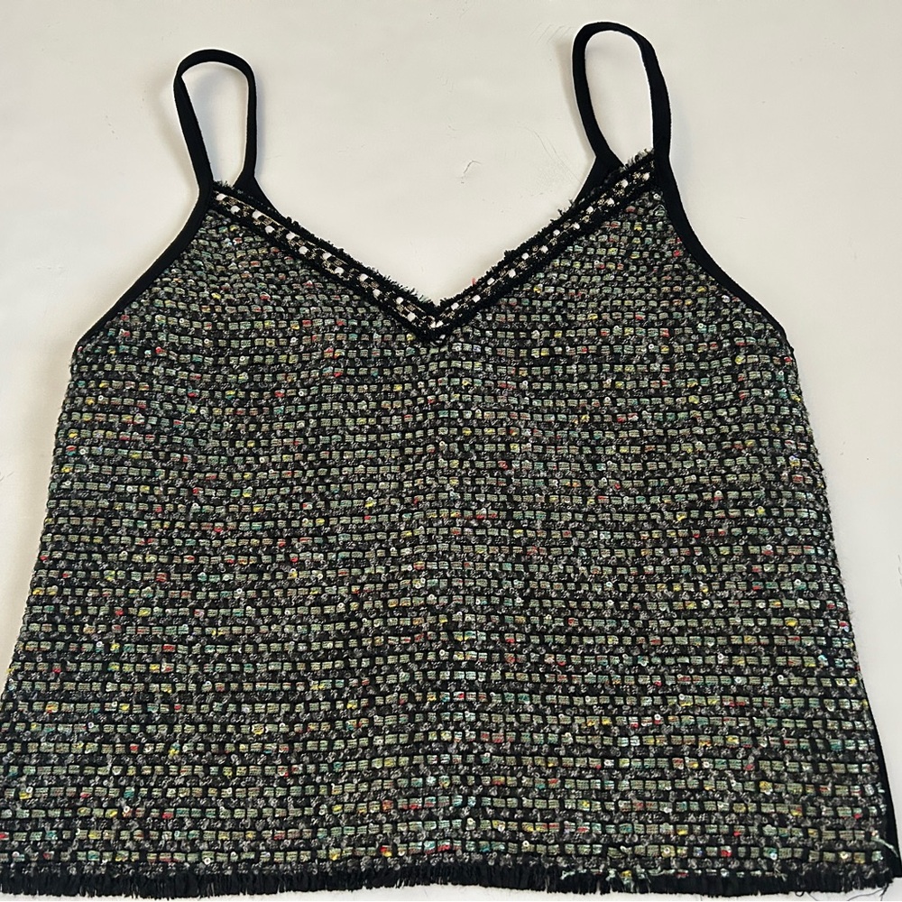 NWT Zara V-Neck Tank Toptextured Tweed Iridescent Front Faux Suede Back Zs S